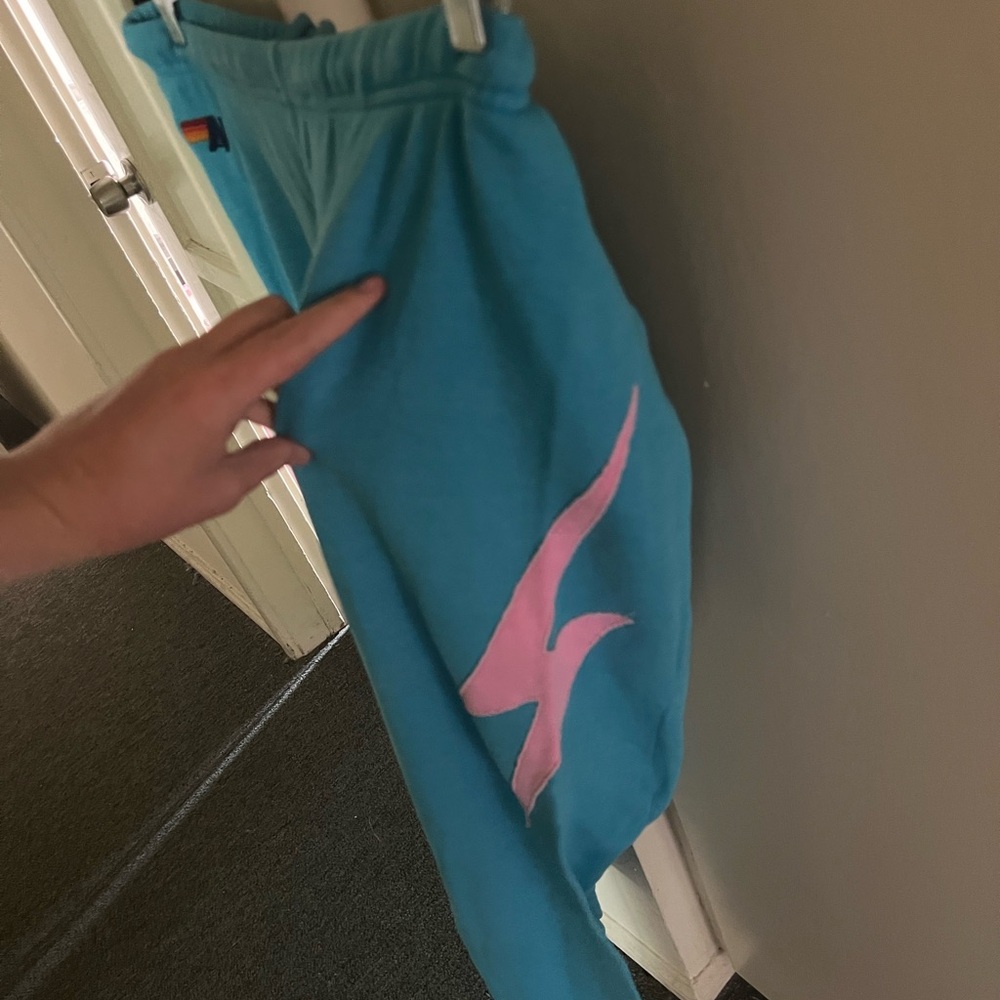 Aviator Nation Blue Pajama Pants with Pink Lightning Bolt